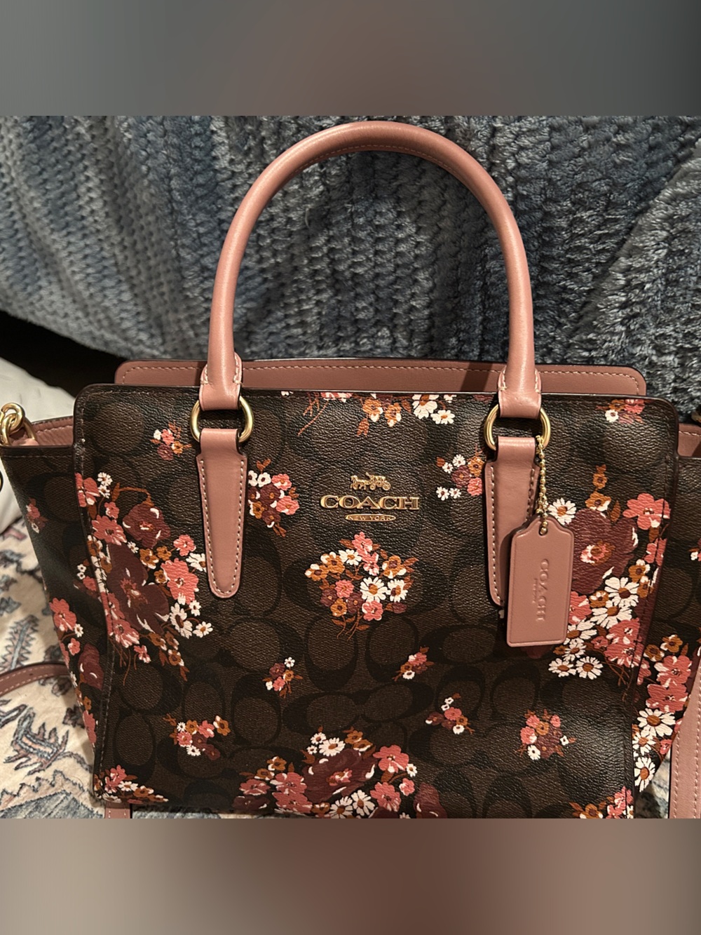 Coach Brown Floral Signature Satchel with Pink Trim